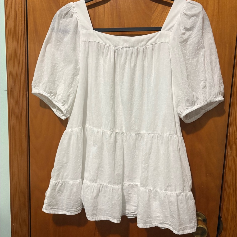 LOFT White Square-Neck Puff Sleeve Lace Babydoll Boho 100% Cotton Top Size M - Picture 3 of 8